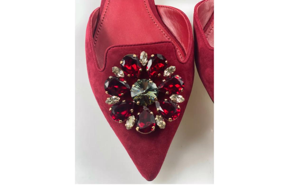 Dolce & Gabbana Red Taormina Crystals Suede Shoes Flats Strap Sandals Leather In New Condition For Sale In WELWYN, GB