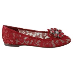 Dolce & Gabbana Red Taormina Lace Flats Shoes Loafers Jewel Crystals Flowers