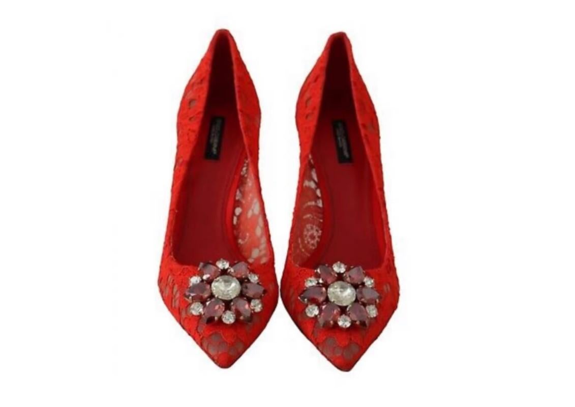 Women's Dolce & Gabbana Red Taormina Lace Shoes Heels Pumps Jewel Crystals Flowers