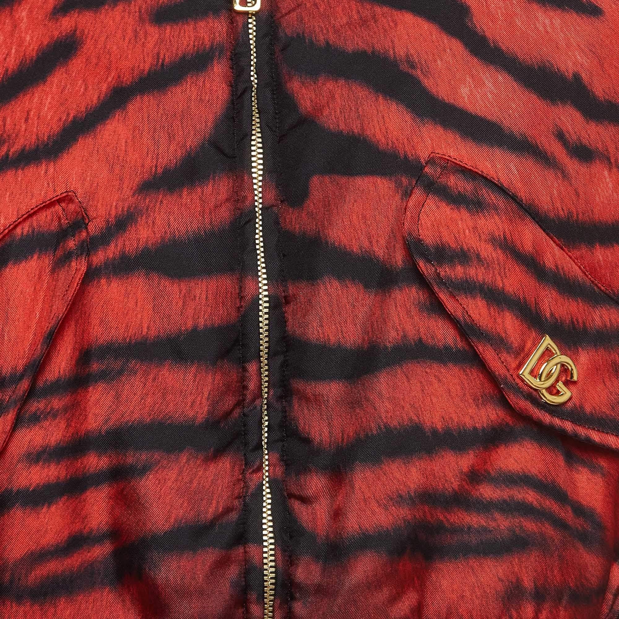 Women's Dolce & Gabbana Red Tiger Print Silk Cropped Bomber Jacket M