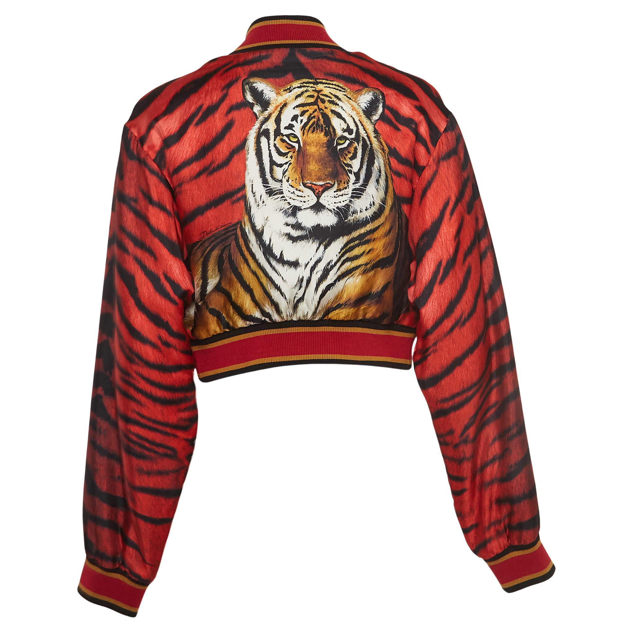 Dolce & Gabbana Red Tiger Print Silk Cropped Bomber Jacket M