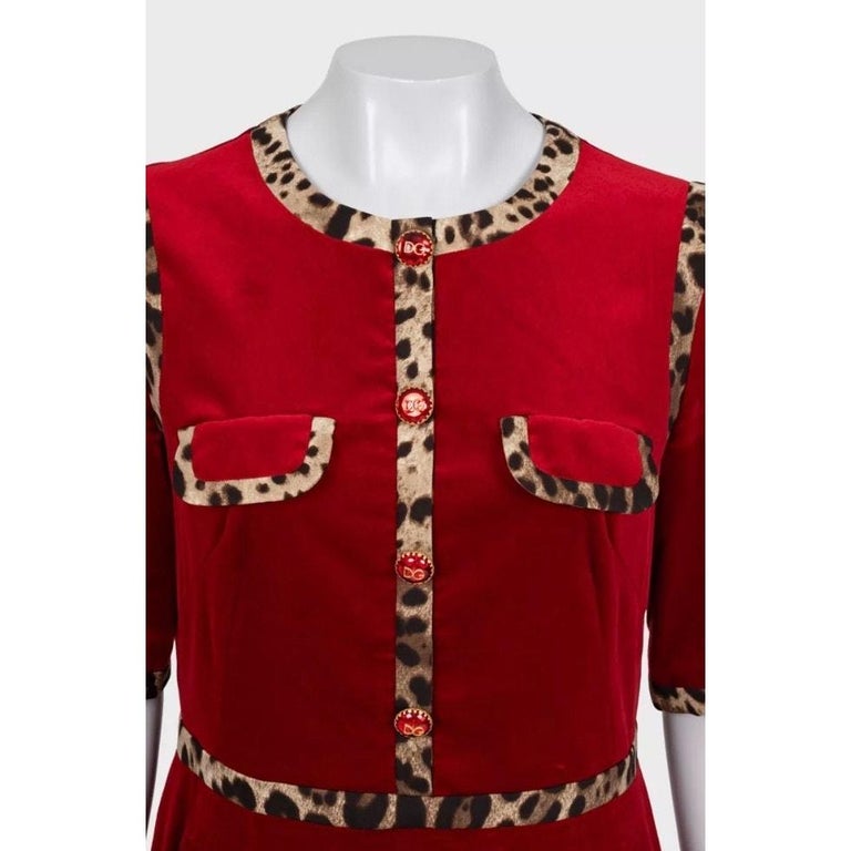 dolce gabbana red velvet dress Dolce & Gabbana Red Velvet Animal Print Dress Sz.46/XL