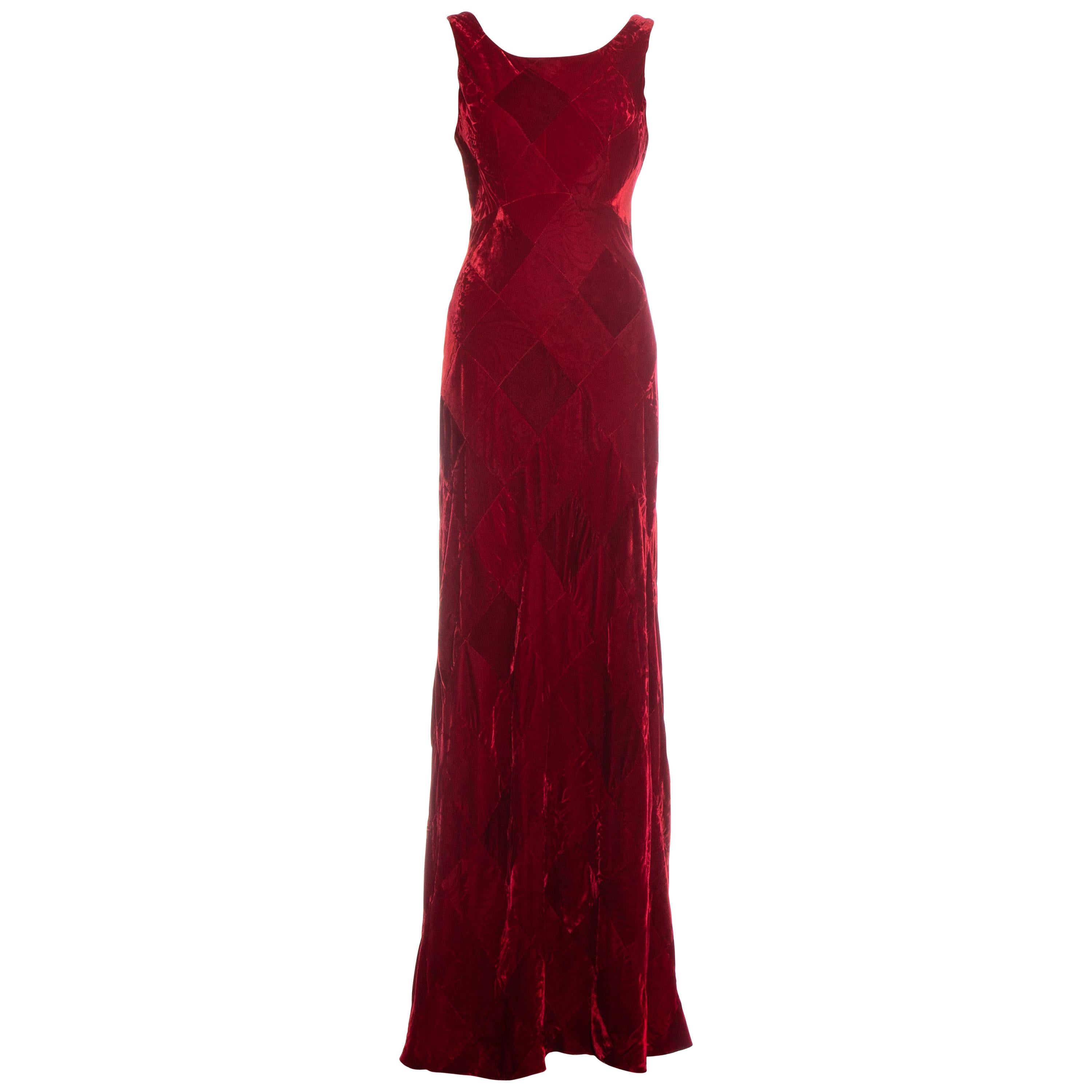 Dolce & Gabbana red velvet patchwork maxi dress, fw 1993 For Sale