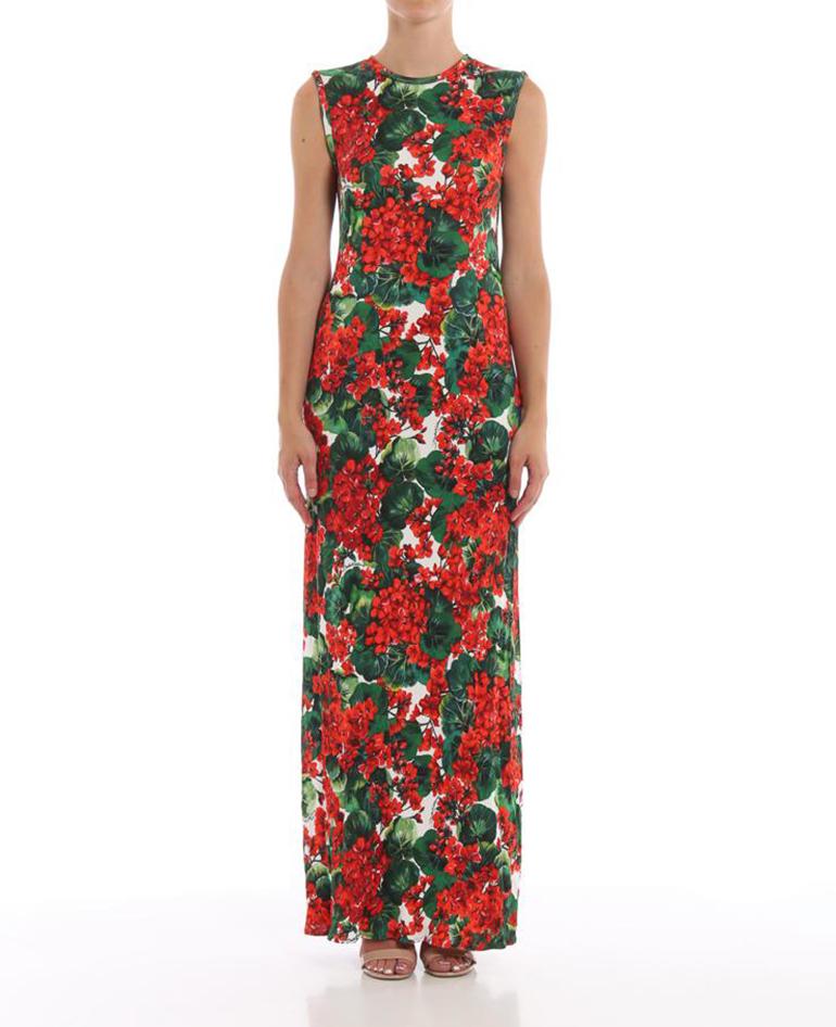 Brown Dolce & Gabbana Red Viscose Geranium Jersey Crewneck Maxi Dress Floral Long