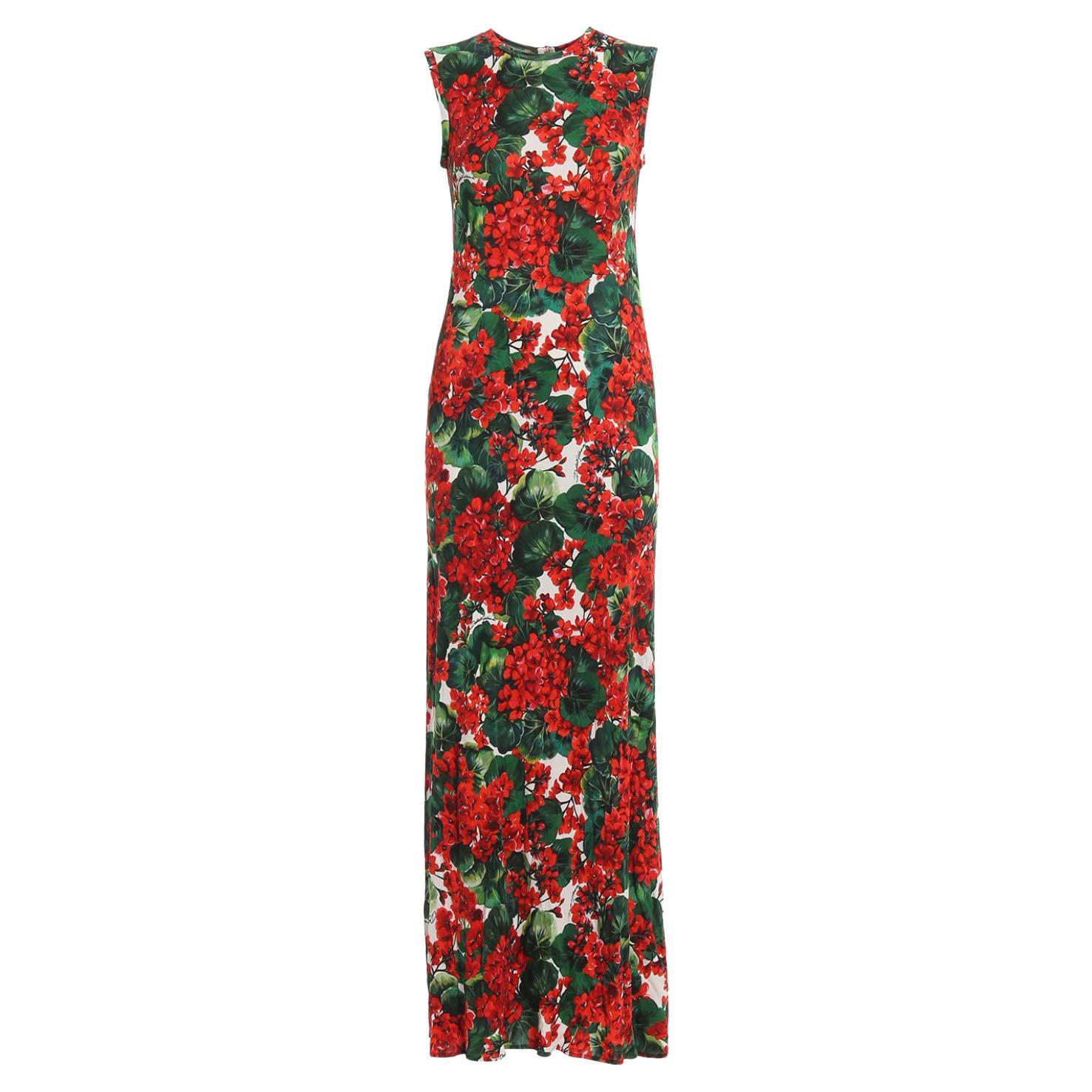 Dolce & Gabbana Red Viscose Geranium Jersey Crewneck Maxi Dress Floral Long