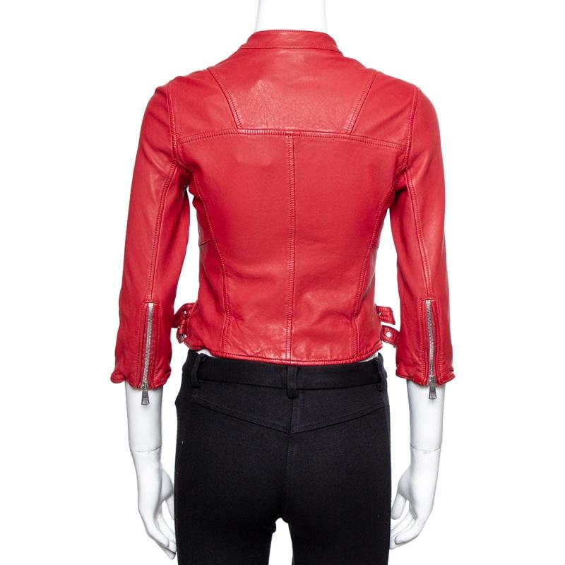 Biker jackets have become a fashion centerpiece and for those who want to try something exclusive, this Dolce & Gabbana red jacket is for them. It is made from washed leather with front zipper closure, zipped pockets, and buckled waist tabs. Pair up