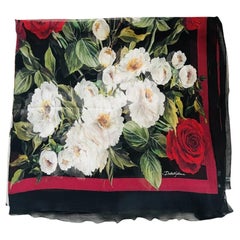 Dolce & Gabbana Red White Black Silk Rose Scarf Wrap Cover Up Flowers Floral DG