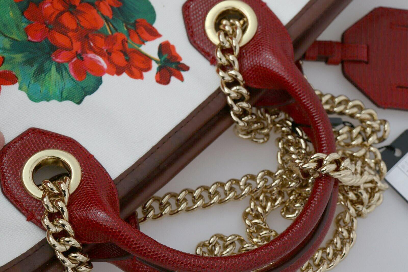 Brown Dolce & Gabbana Red White Gold Cotton Floral Geranium Capri Tote Bag Handbag DG