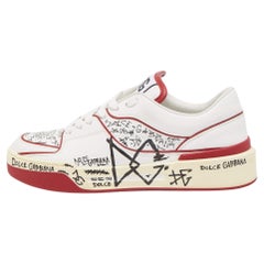 Dolce & Gabbana Red/White Printed Leather New Roma Low-Top Sneakers