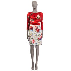 DOLCE & GABBANA red & white silk ROSE FLORAL HALF SLEEVE SHEATH Dress 42 M