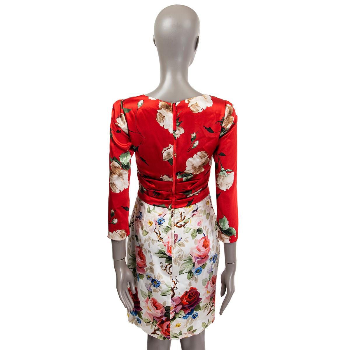 Beige DOLCE & GABBANA red & white silk ROSE FLORAL HALF SLEEVE SHEATH Dress 42 M For Sale