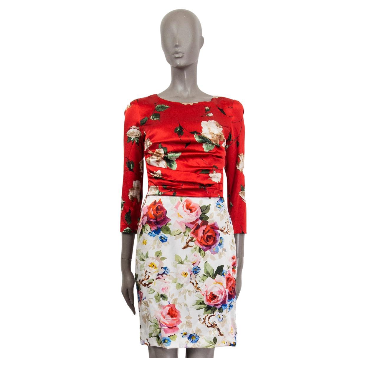 DOLCE & GABBANA red & white silk ROSE FLORAL HALF SLEEVE SHEATH Dress 42 M For Sale
