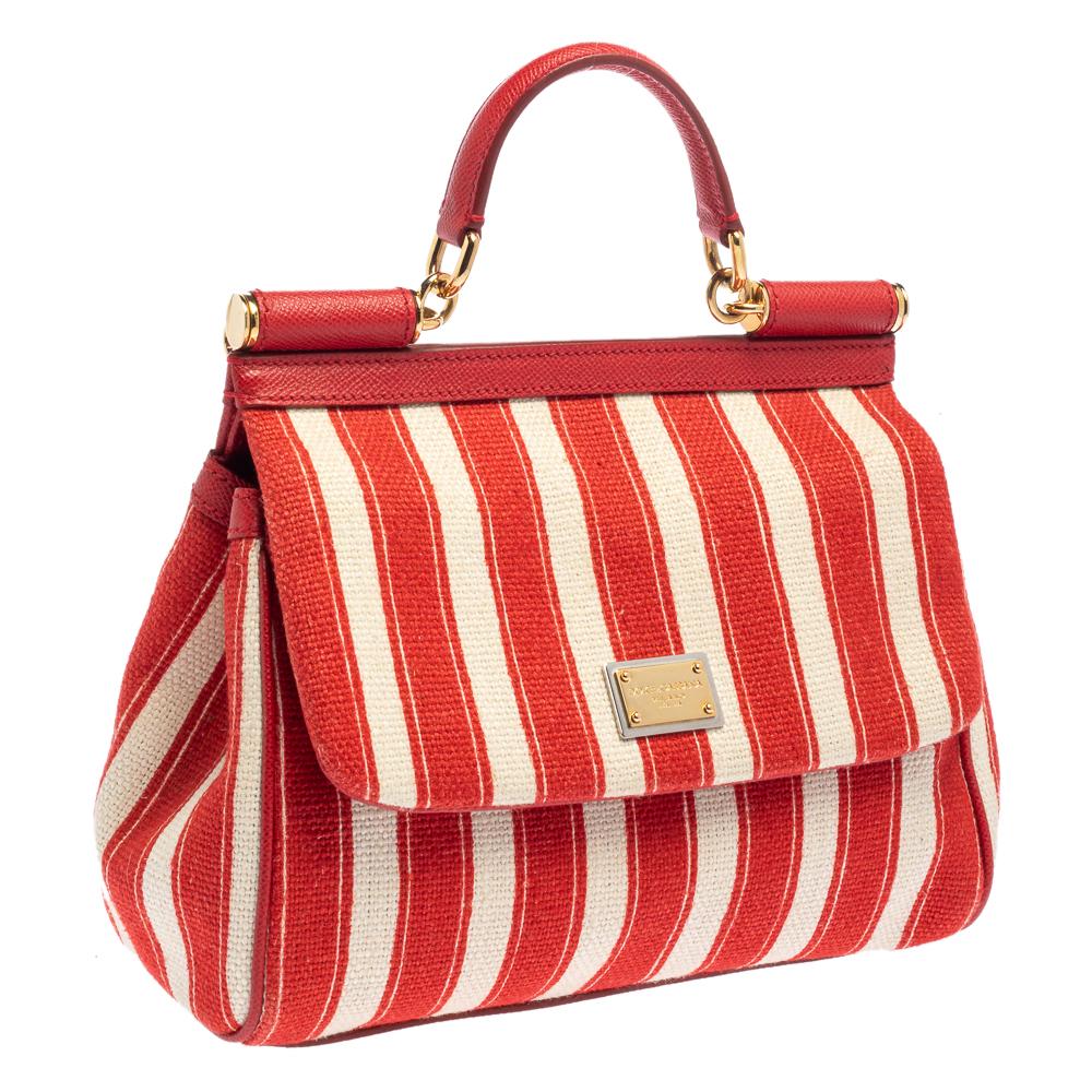 Women's Dolce & Gabbana Red/White Stripe and Leather Medium Miss Sicily Top Handle Bag