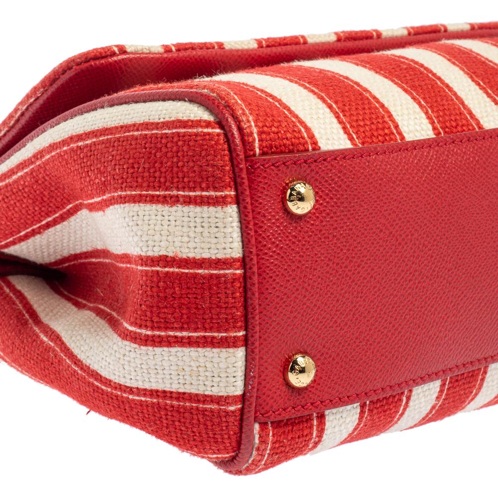 Dolce & Gabbana Red/White Stripe and Leather Medium Miss Sicily Top Handle Bag 2