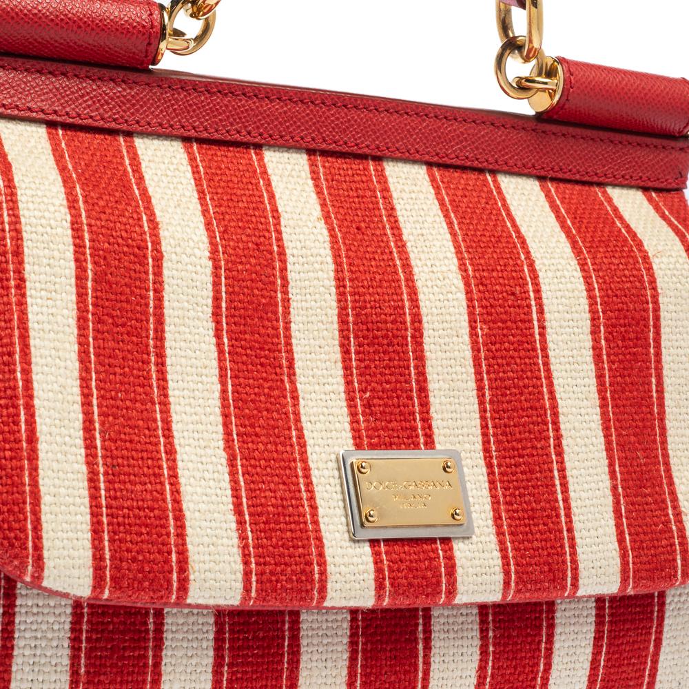 Dolce & Gabbana Red/White Stripe and Leather Medium Miss Sicily Top Handle Bag 5