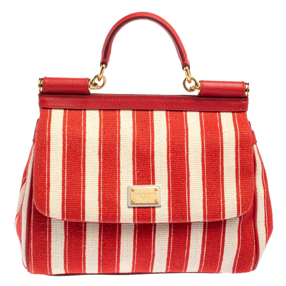 Dolce & Gabbana Red/White Stripe and Leather Medium Miss Sicily Top Handle Bag