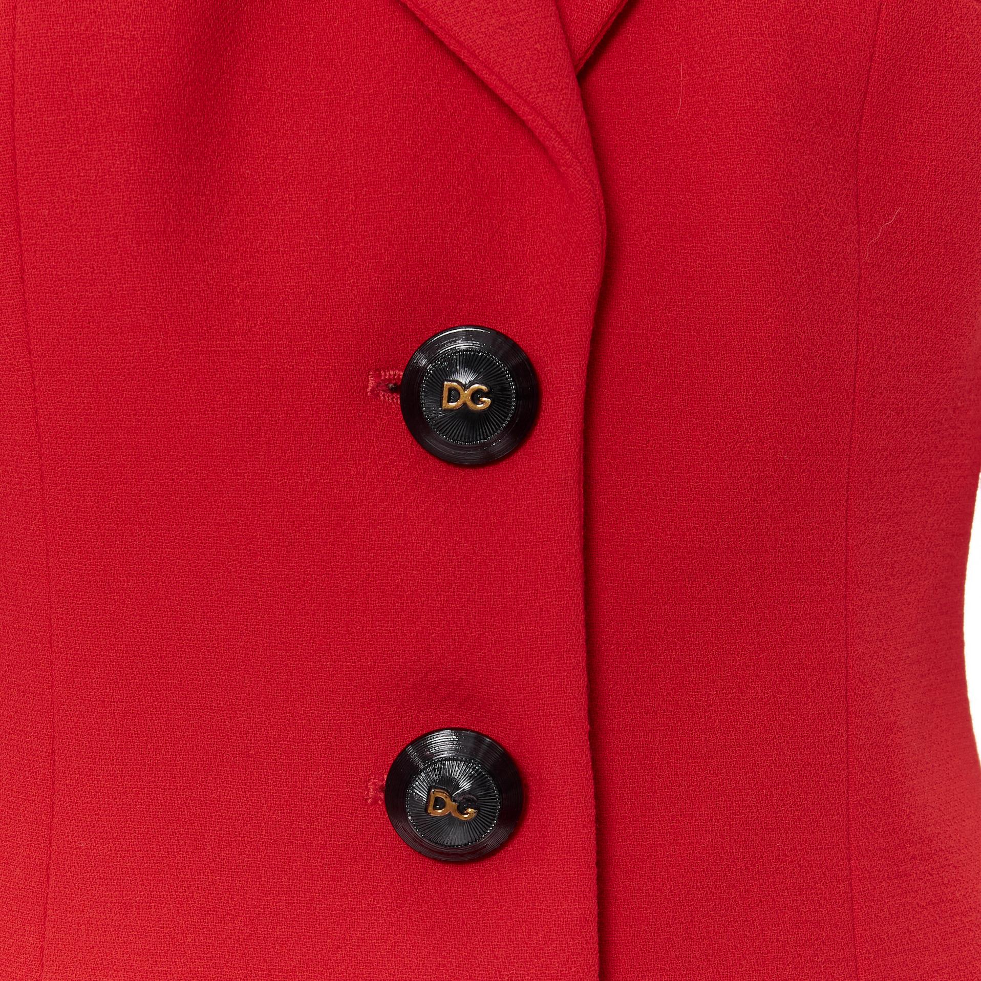 DOLCE GABBANA red wool crepe logo button fitted blazer skirt set IT42 M 
Reference: GIYG/A00049 
Brand: Dolce Gabbana 
Material: Wool 
Color: Red 
Pattern: Solid 
Closure: Button Extra Detail: This blazer comes with the complimentary matching