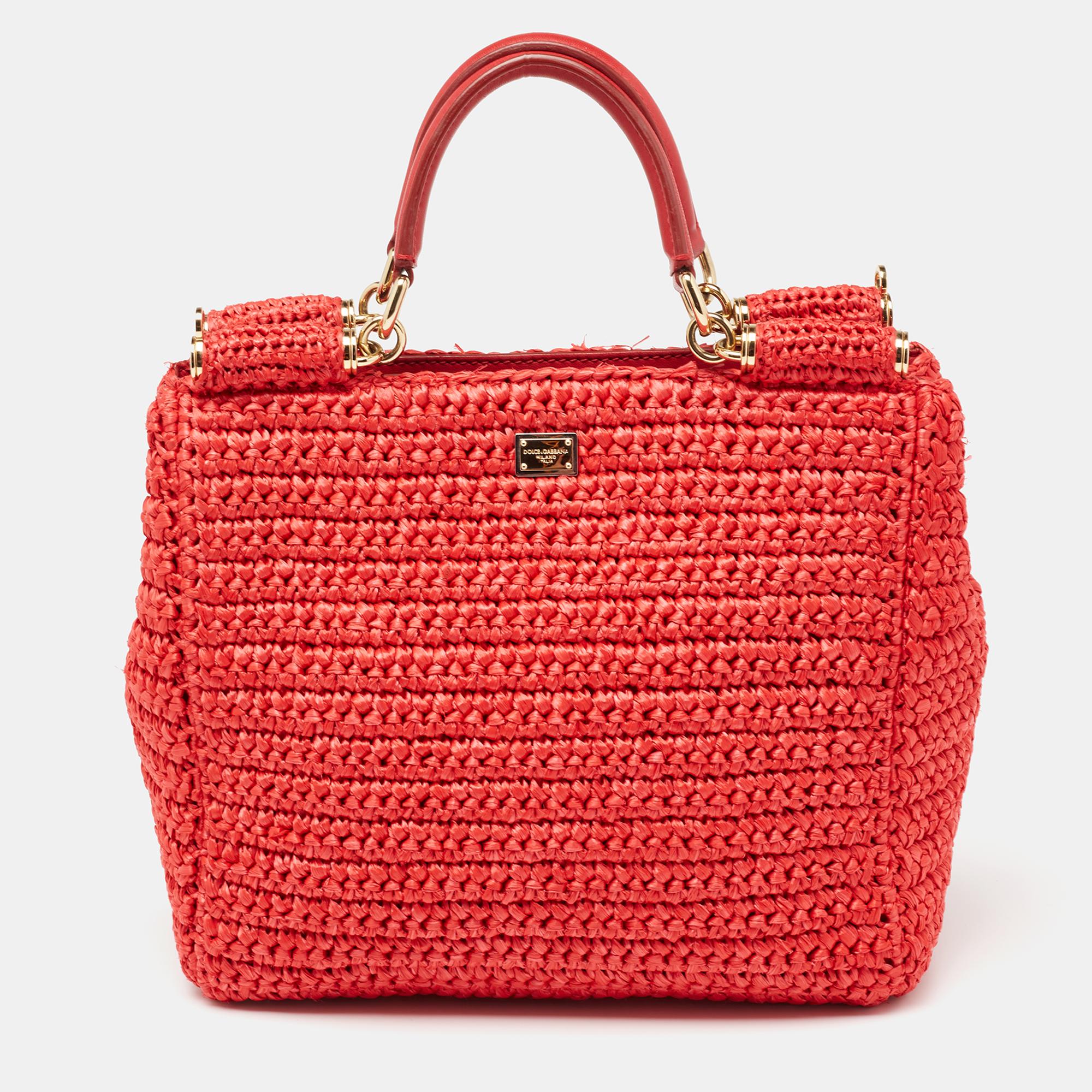 Dolce & Gabbana Red Woven Straw Medium Miss Sicily Tote 8