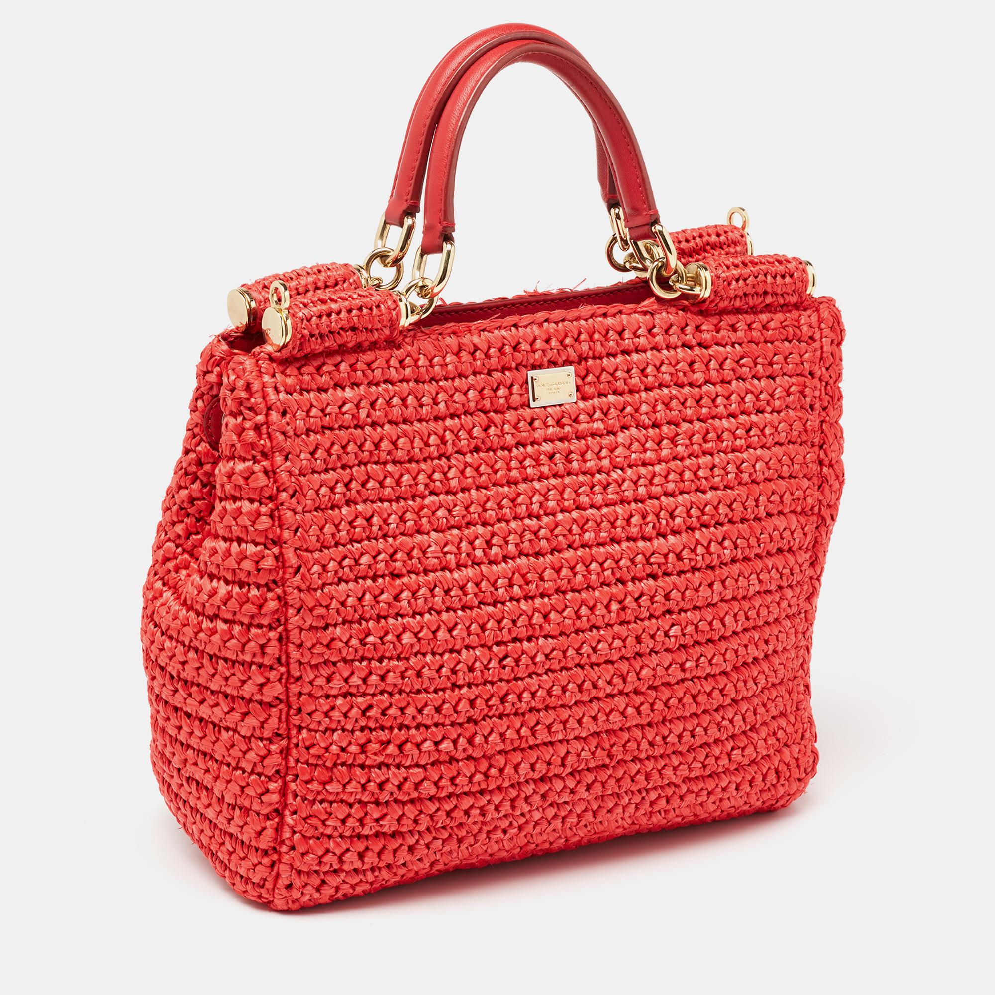 Dolce & Gabbana Red Woven Straw Medium Miss Sicily Tote 1