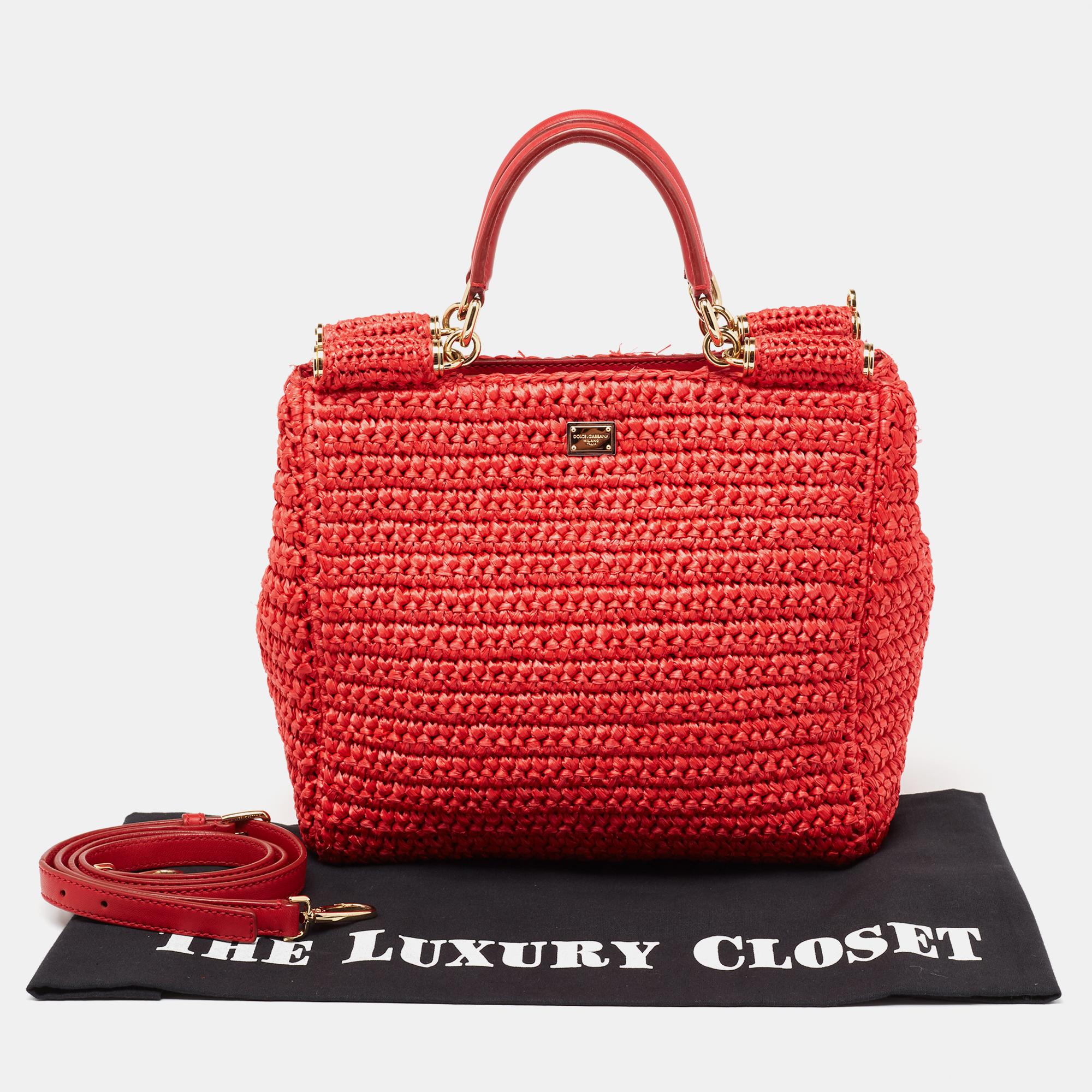 Dolce & Gabbana Red Woven Straw Medium Miss Sicily Tote 3