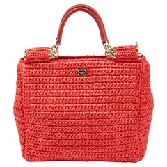 Dolce & Gabbana Red Woven Straw Medium Miss Sicily Tote