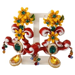 Dolce & Gabbana Red Yellow Brass Carretto Sicily Clip-on Drop Earrings Floral