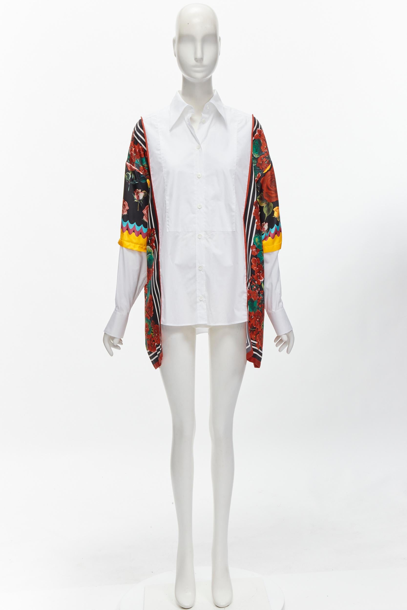DOLCE GABBANA red yellow floral scarf silk insert white high low shirt IT38 XS For Sale 5