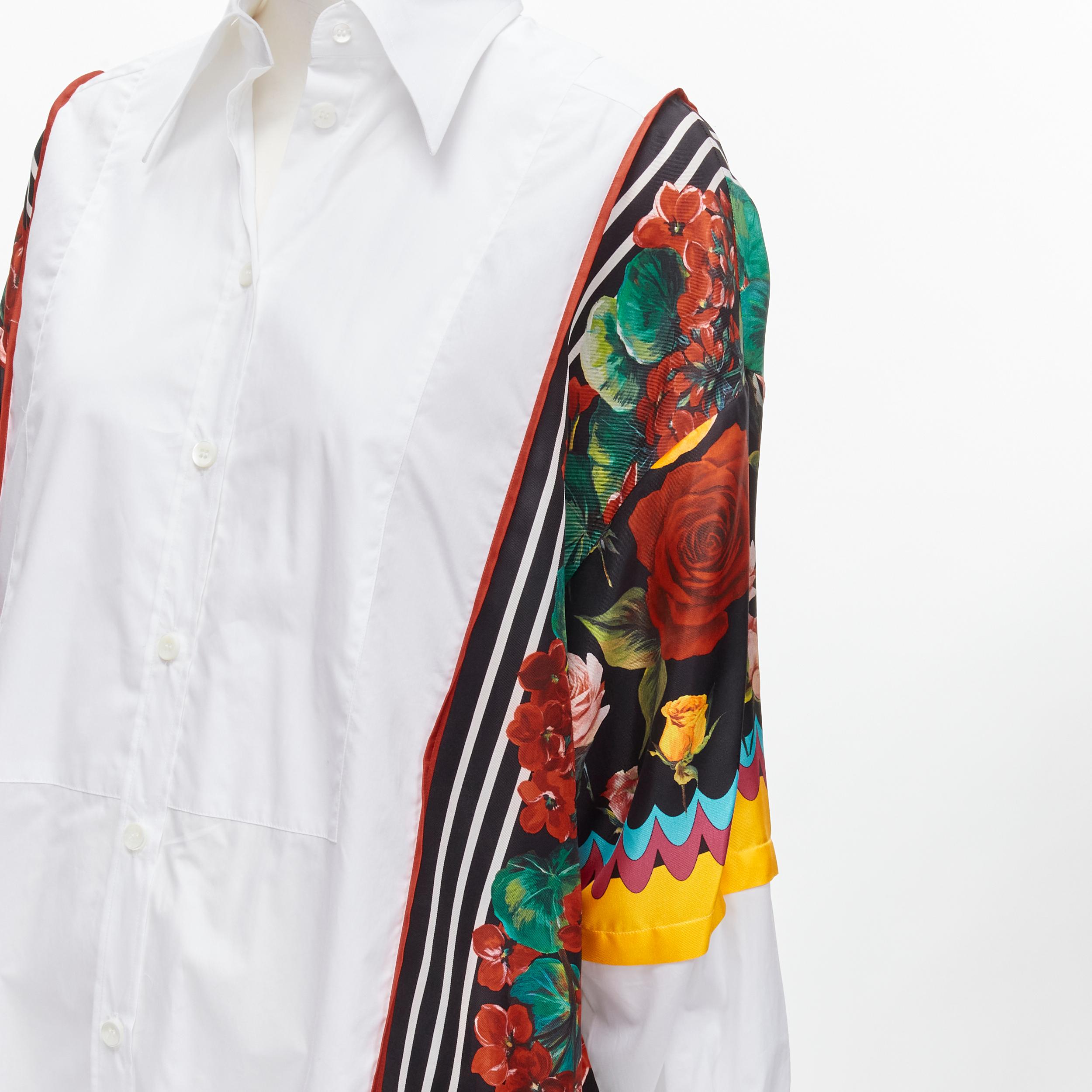 Gray DOLCE GABBANA red yellow floral scarf silk insert white high low shirt IT38 XS For Sale