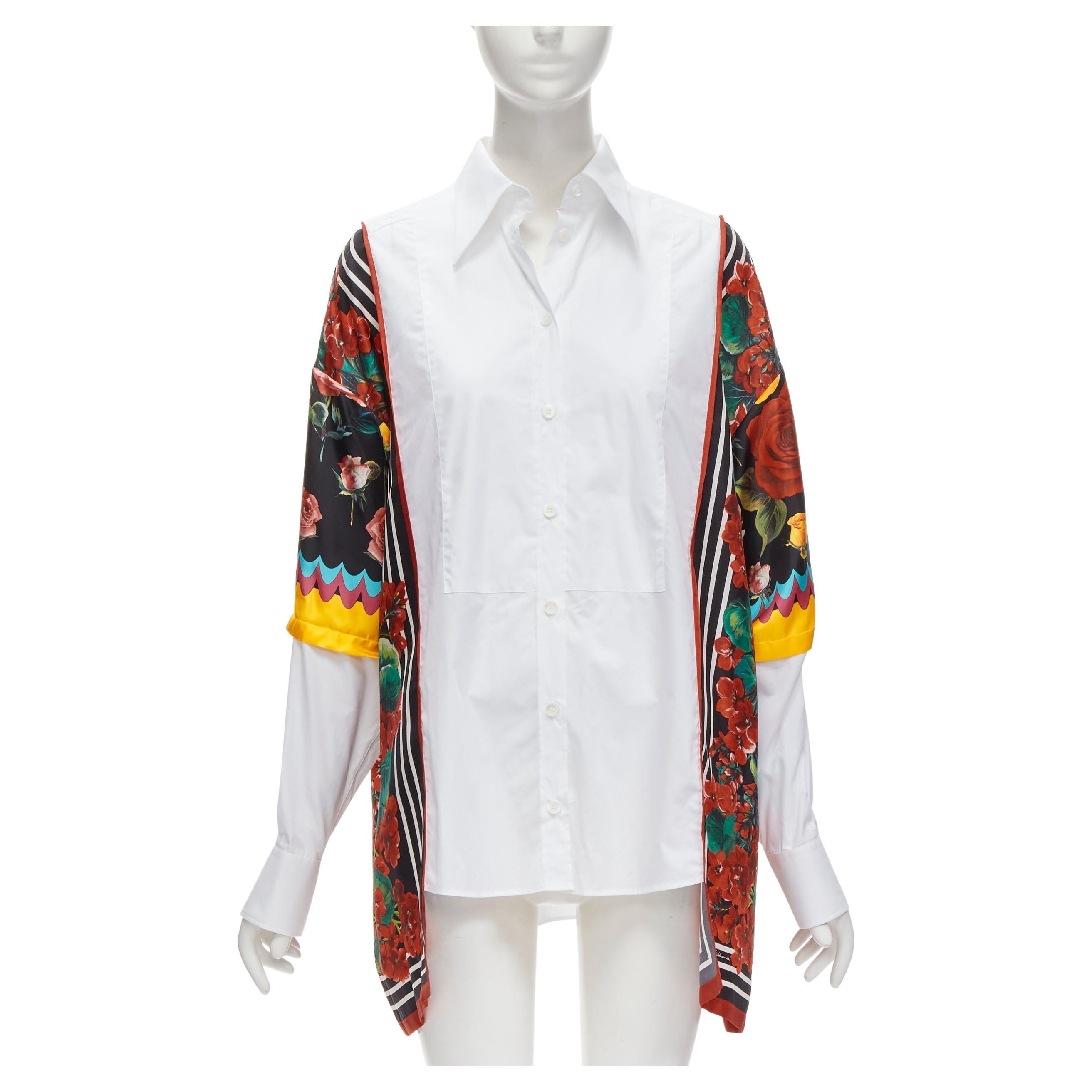 DOLCE GABBANA red yellow floral scarf silk insert white high low shirt IT38 XS For Sale