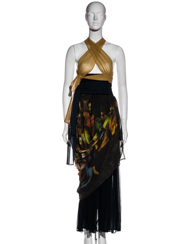 Dolce & Gabbana Renaissance printed silk dress with draped skirt, ss 1990 In Good Condition For Sale In London, GB