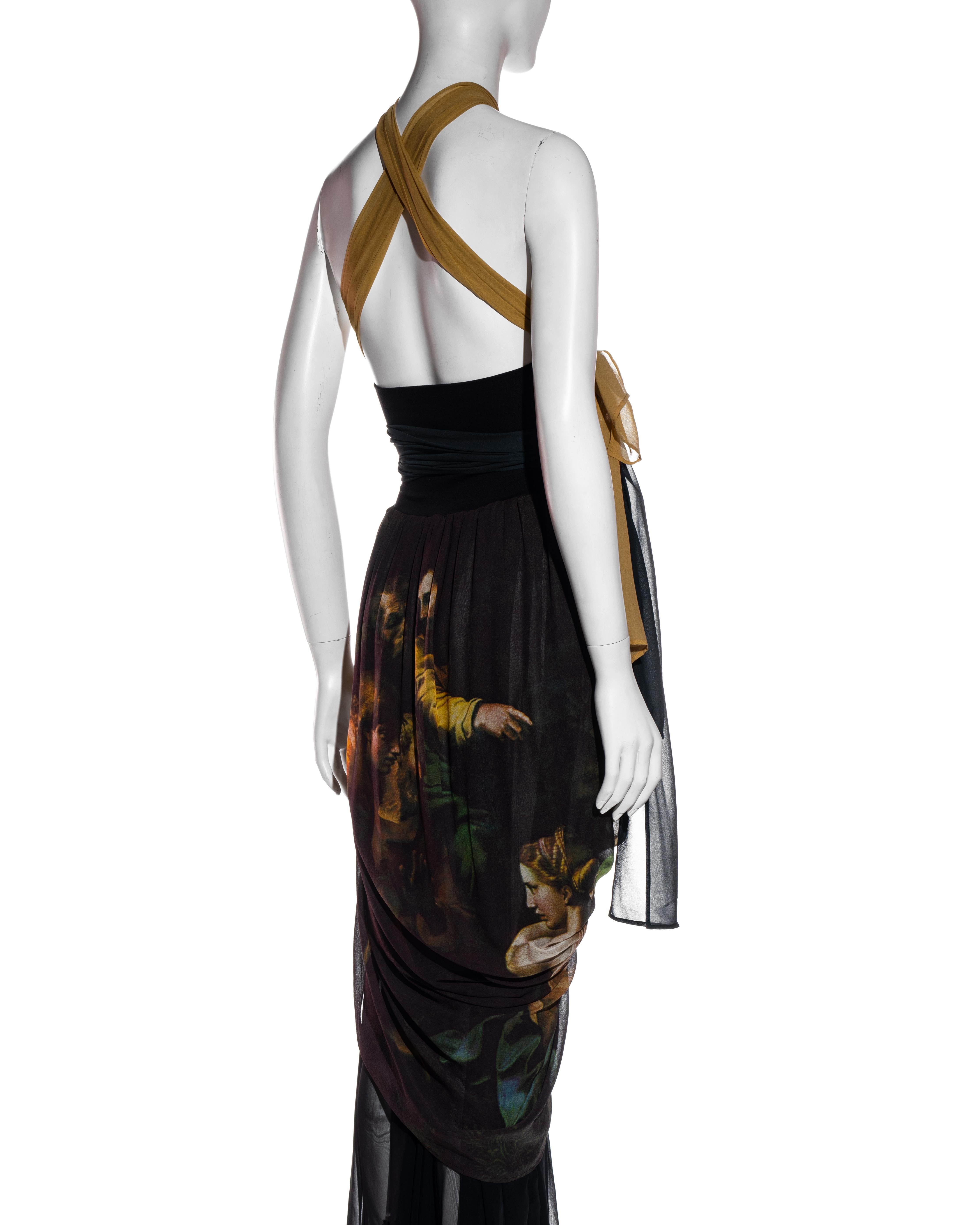 Black Dolce & Gabbana Renaissance printed silk dress with draped skirt, ss 1990 For Sale