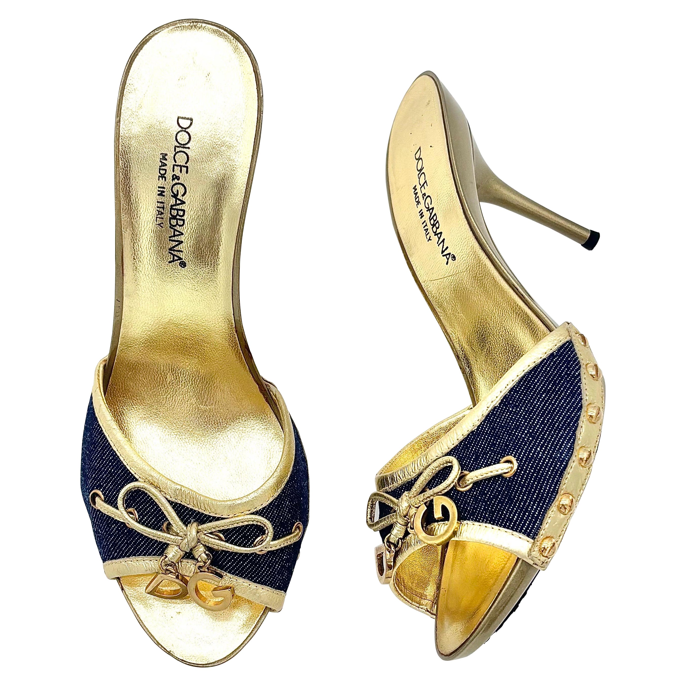 Dolce 
Gabbana Retro Vintage DG Logo Charm Embellished Denim Mules Heels 37.5