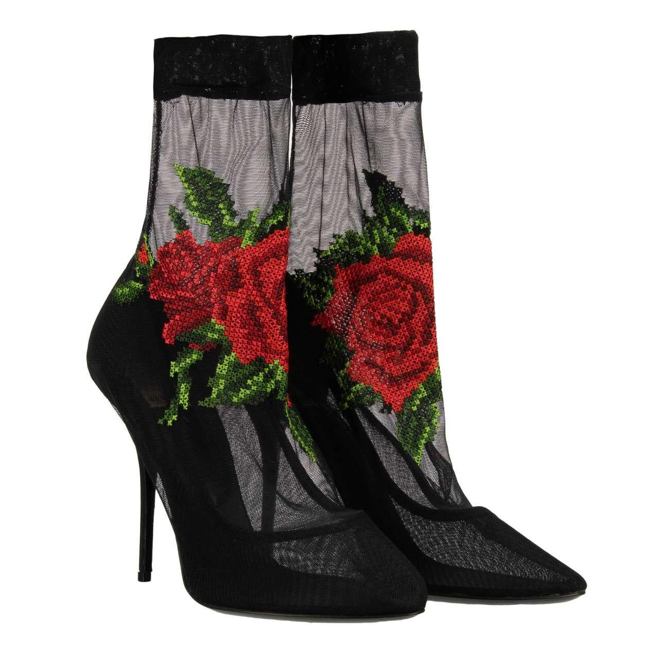 - Tulle Pumps COCO covered with rose embroidery in red and black by DOLCE & GABBANA - New with Box - MADE IN ITALY - Model: CT0727-AO172-80999 - Material: 85% Polyamid, 8% Lambskin, 7% Elastane - Inner Material: leather - Sole: Leather - Color: