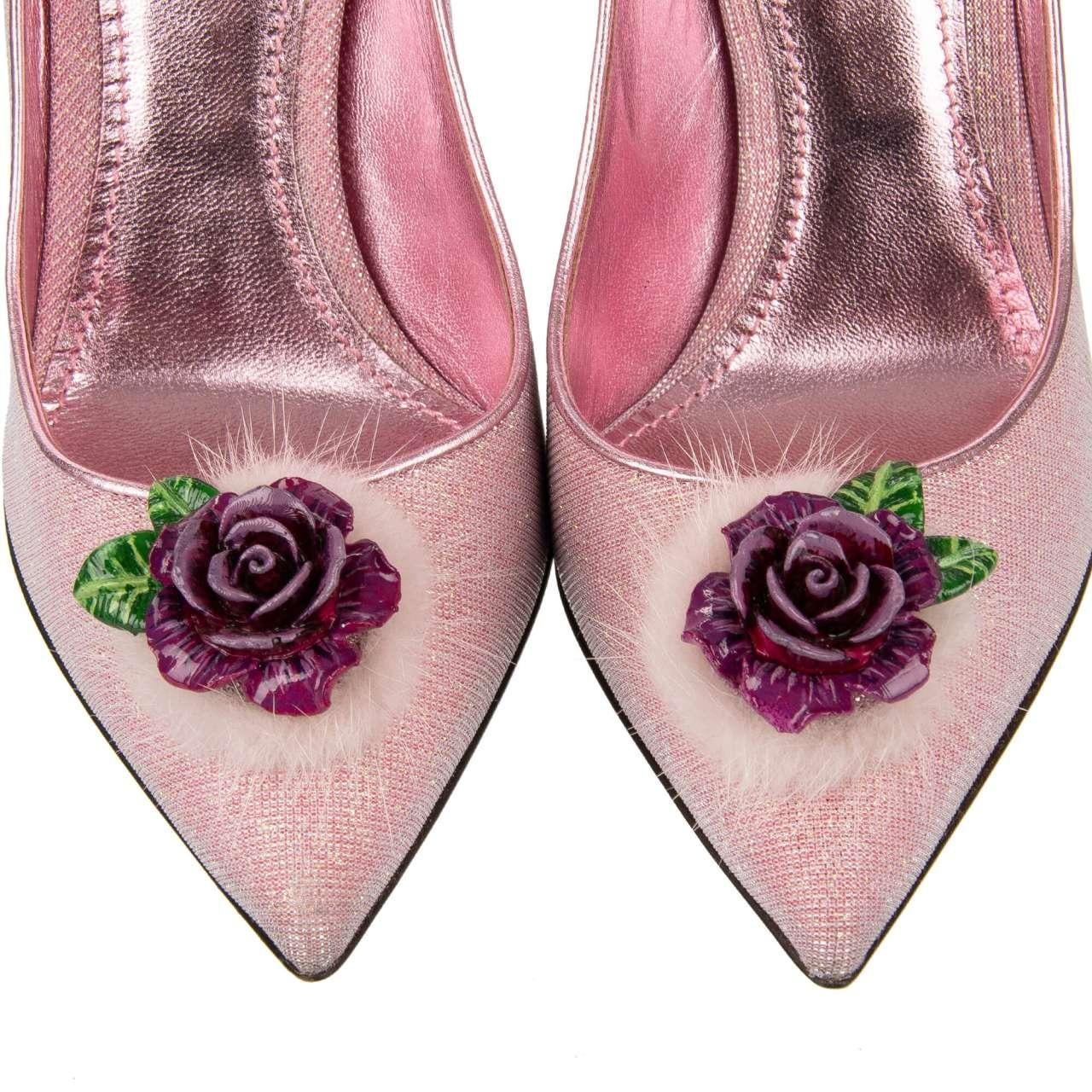 - Pointed Lurex and Leather Pumps LORI with hand-painted rose brooch in pink by DOLCE & GABBANA - New with Box - MADE IN ITALY - Former RRP: EUR 950 - Hand-painted purple roses - Model: CD1051-AU548-8S090 - Material: 40% Cotton, 25% Lurex, 20%
