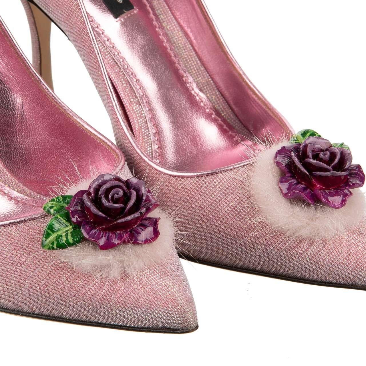 Dolce & Gabbana - Rose Fur Brooch Pumps LORI Pink Purple EUR 40 In Excellent Condition For Sale In Erkrath, DE