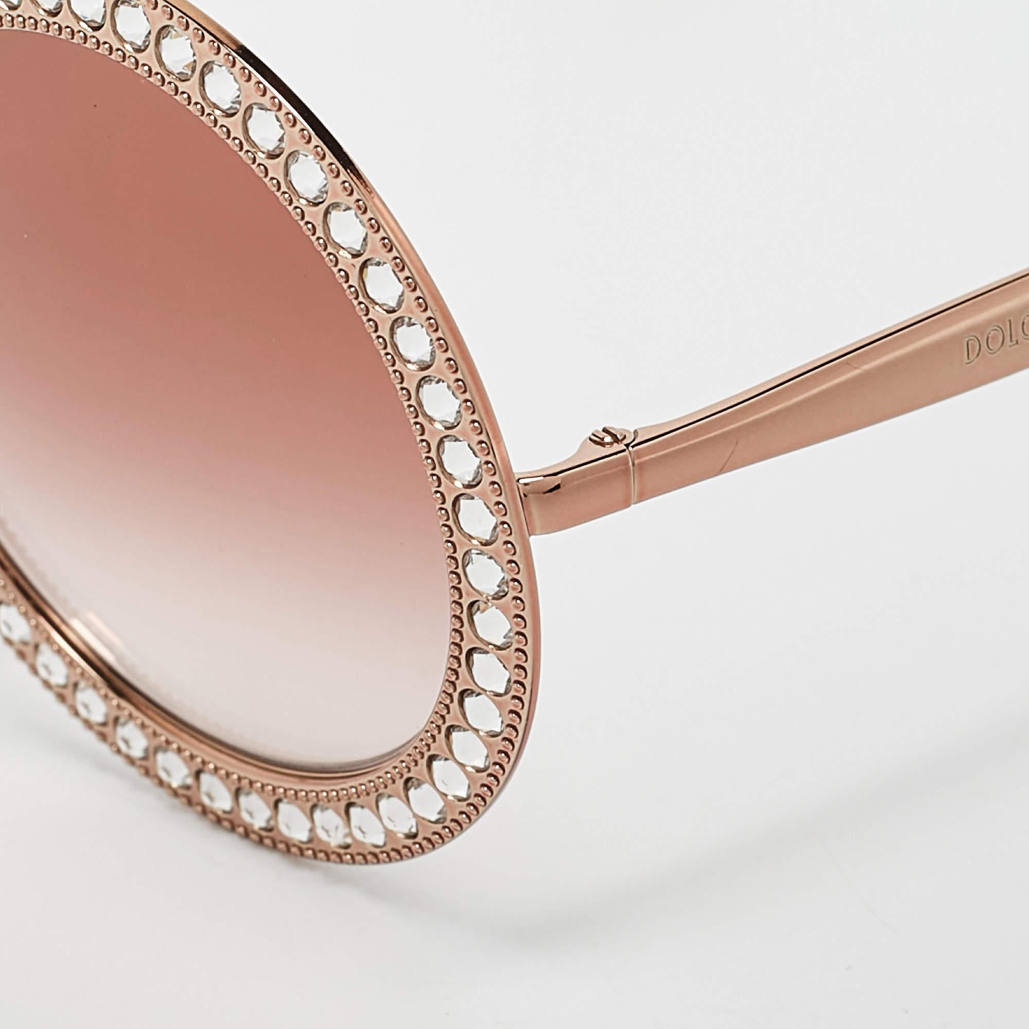 Dolce Gabbana Rose Gold Gradient D 2170-B Crystals Embellished Round Sunglasses In Good Condition In Dubai, Al Qouz 2