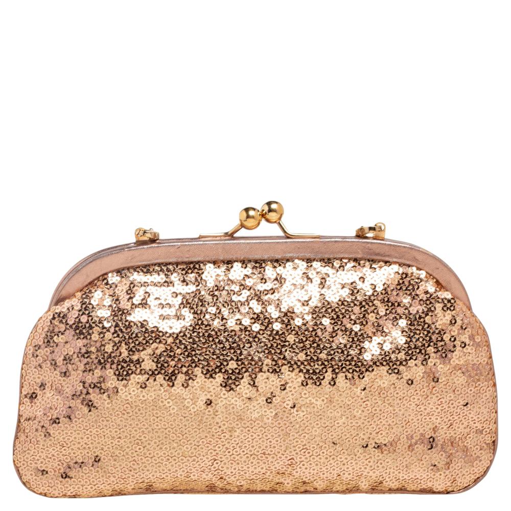 Women's Dolce & Gabbana Rose Gold Sequin and Leather Crystal Embellished Clutch