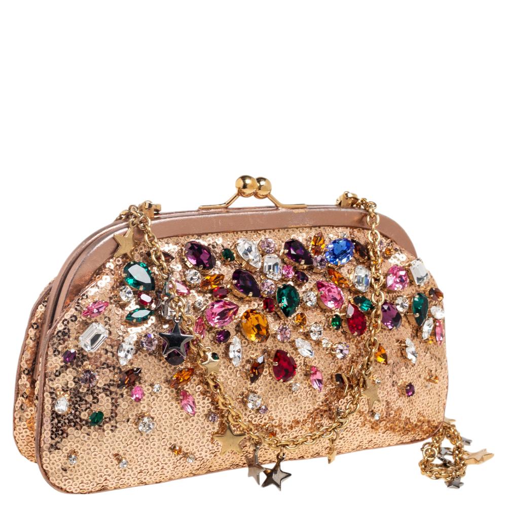 Dolce & Gabbana Rose Gold Sequin and Leather Crystal Embellished Clutch 1