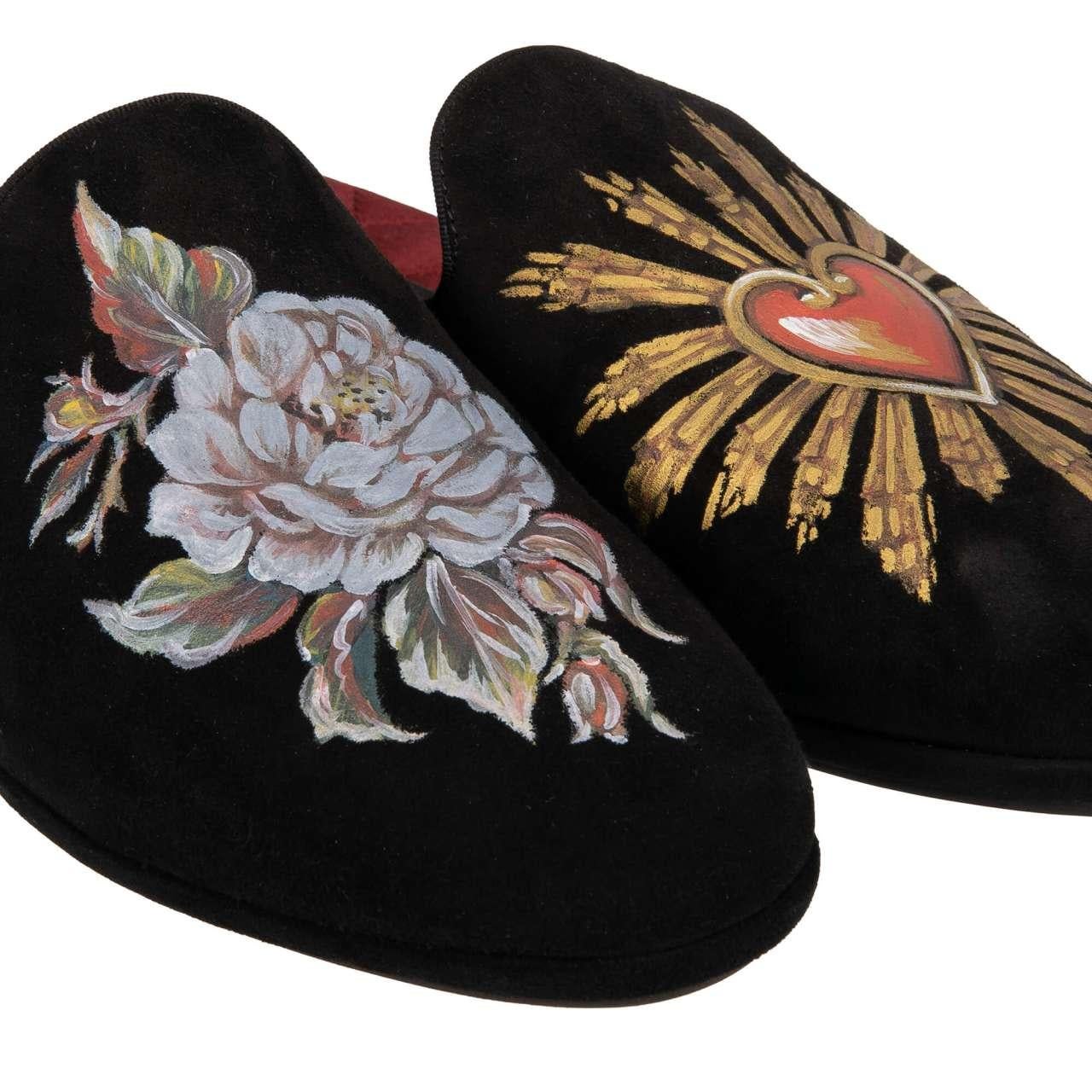 Men's Dolce & Gabbana - Rose Heart Painted Shoes Slipper YOUNG POPE Black 40 UK 6 US 7 For Sale