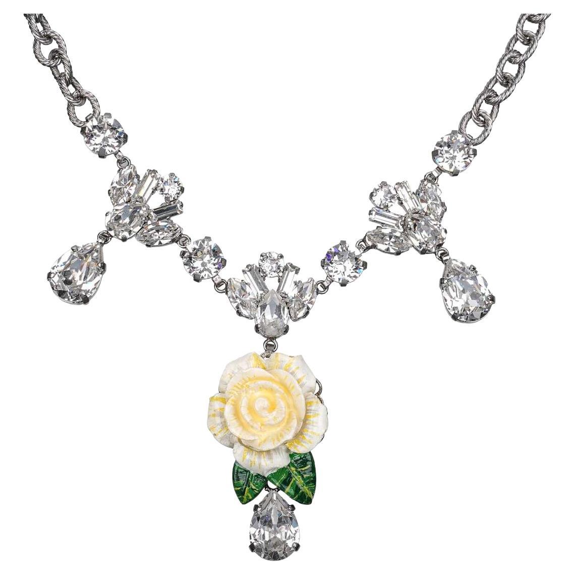 Dolce & Gabbana Gold Brass Link Chain RosePetal Crystal Pendant Necklace