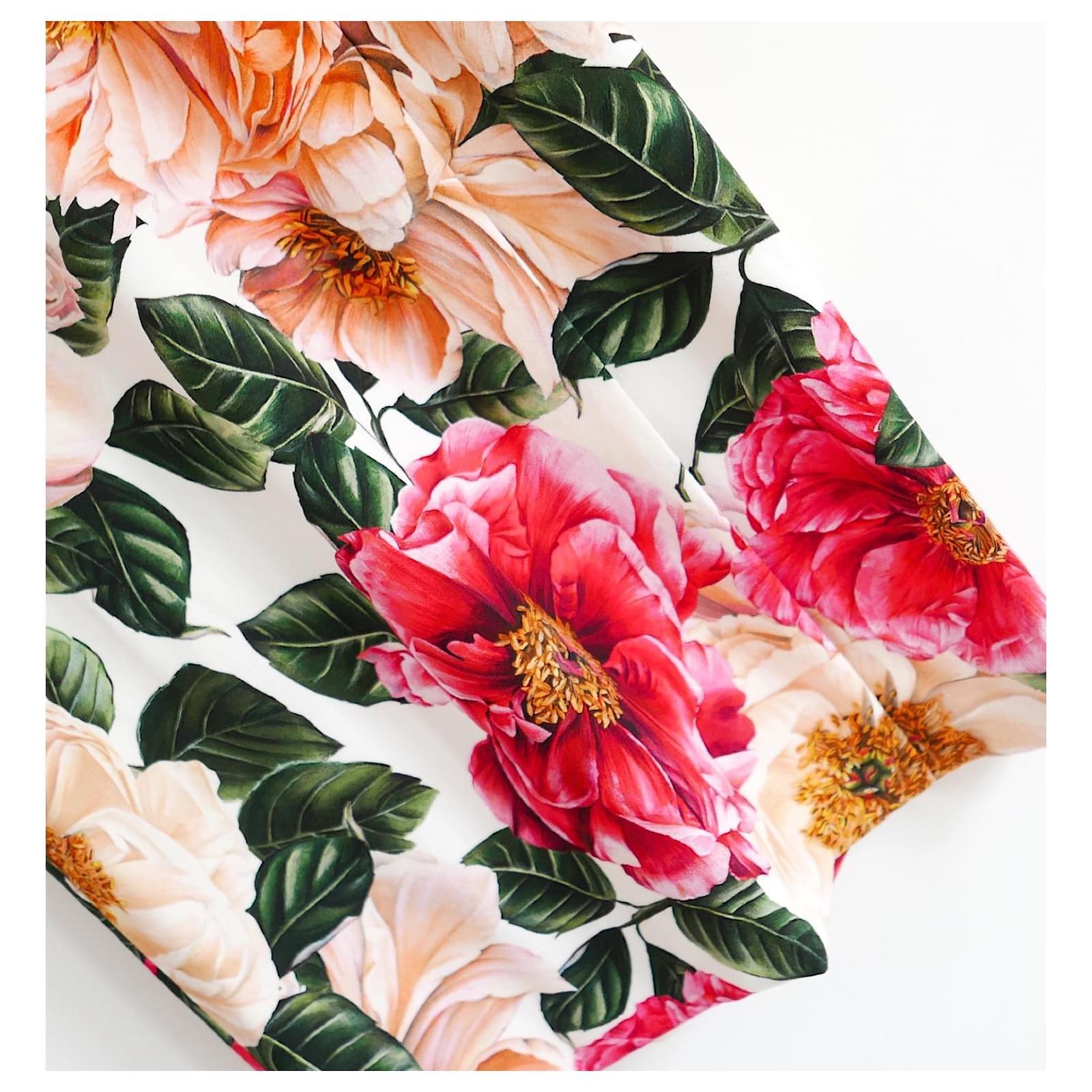 Beige Dolce & Gabbana Rose Print Midi Pencil Dress