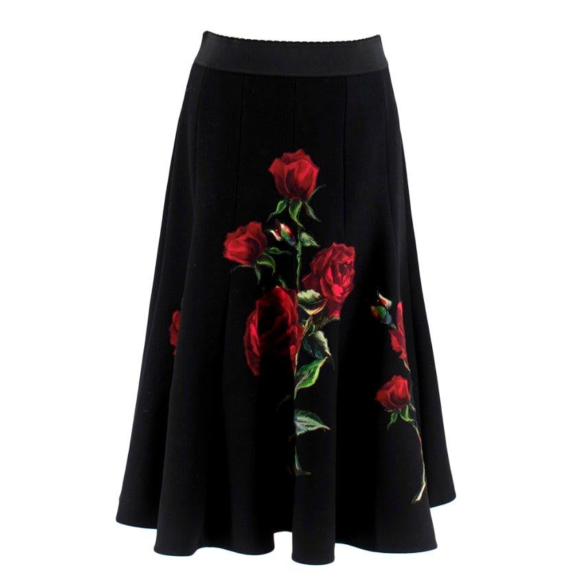 Dolce & Gabbana Rose Print Wool Midi Skirt 44