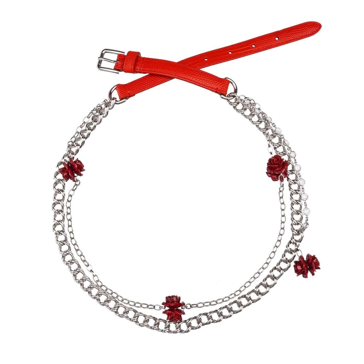 Dolce & Gabbana Rose Roses Lizzard Structure Leather Chain Belt Red Silver L In Excellent Condition For Sale In Erkrath, DE