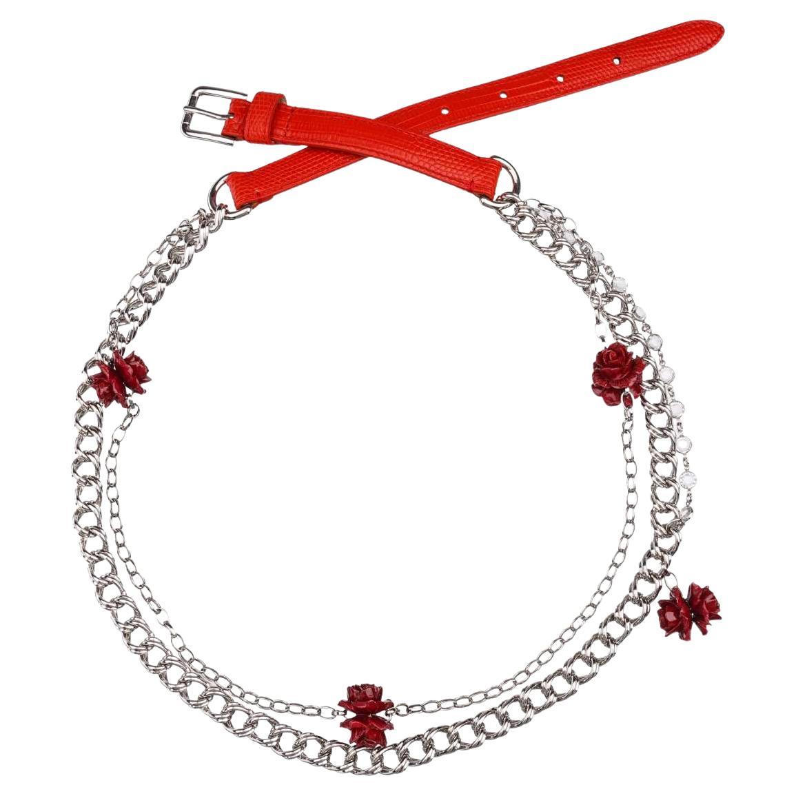 Dolce & Gabbana Rose Roses Lizzard Structure Leather Chain Belt Red Silver L For Sale