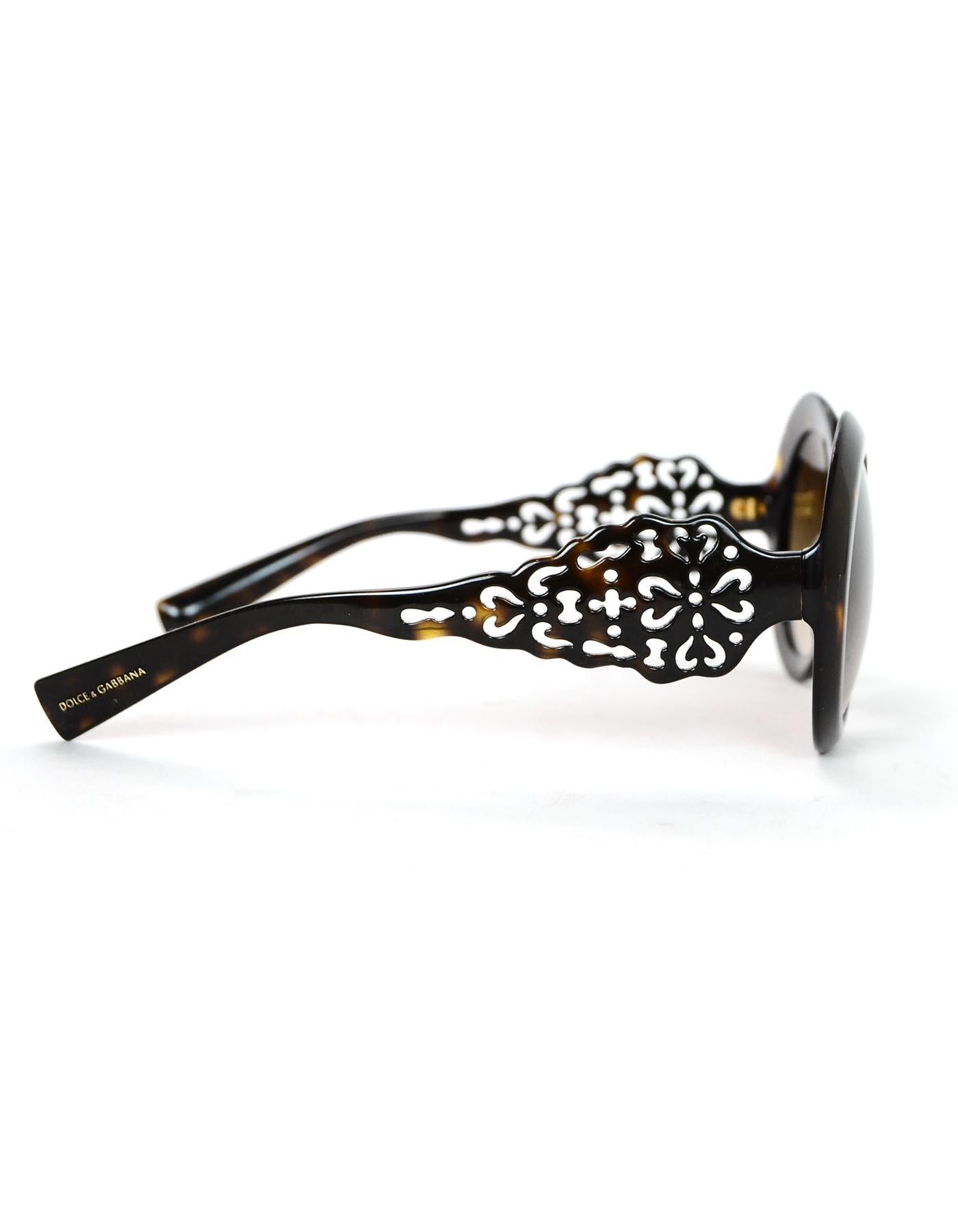 Dolce & Gabbana Round Brown Tortoise Sunglasses W/ Filigree Design In Excellent Condition In New York, NY