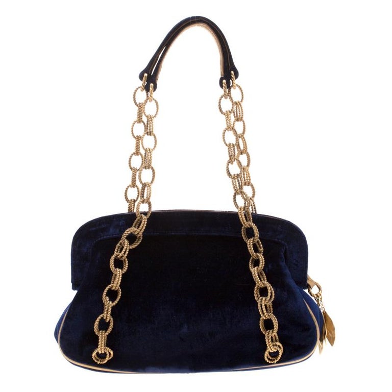 Dolce and Gabbana Royal Blue Embroidered Velvet Frame Shoulder Bag