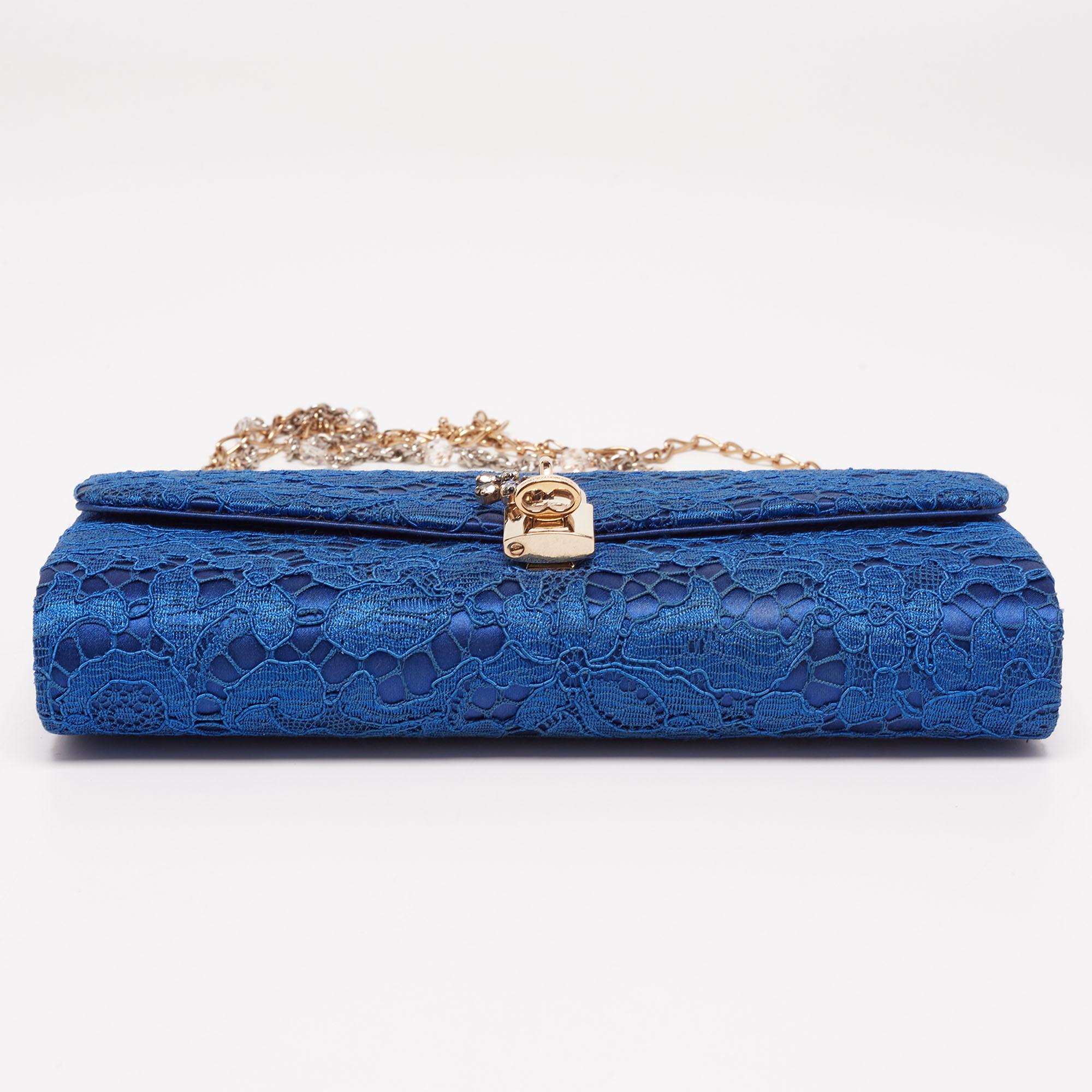 Women's Dolce & Gabbana Royal Blue Lace and Satin Padlock Chain Clutch