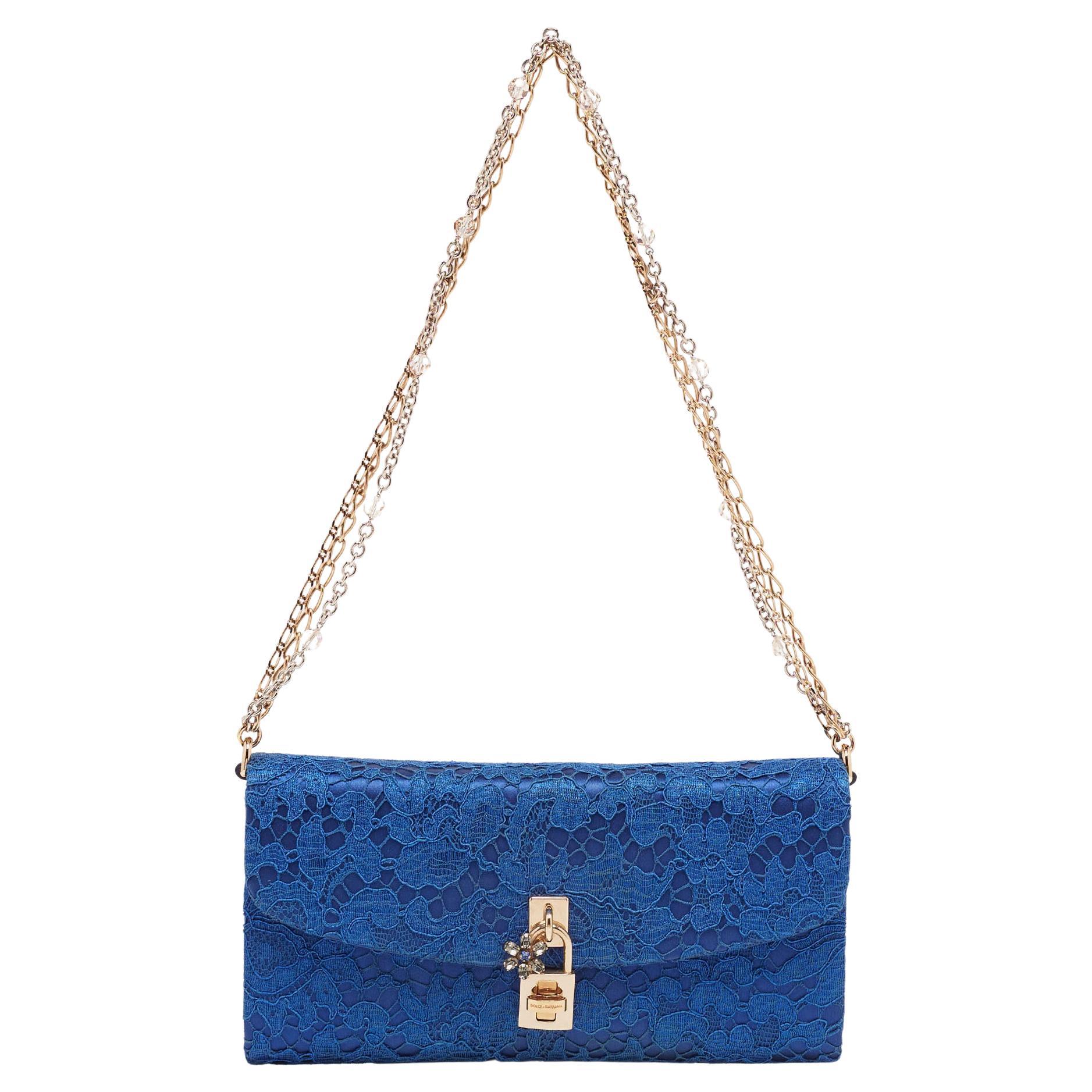 Dolce & Gabbana Royal Blue Lace and Satin Padlock Chain Clutch