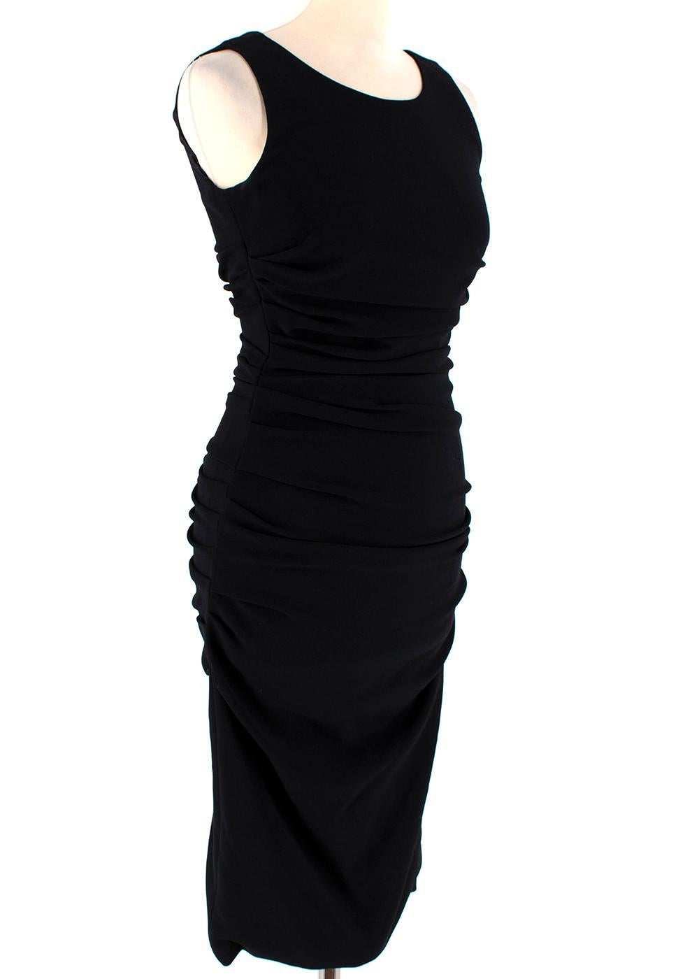 Dolce & Gabbana Ruched Black Sleeveless Dress 

- Fully Lined 
- Concealed Back Zip Closure 
- Round Neck-line 
- Ruched Sides and Back
- Draped Front 
- Slim Fitting 

Material: 
- 100% Silk Lining 
- 88% Viscose 
- 7% Spandex and Elastane 
- 5%