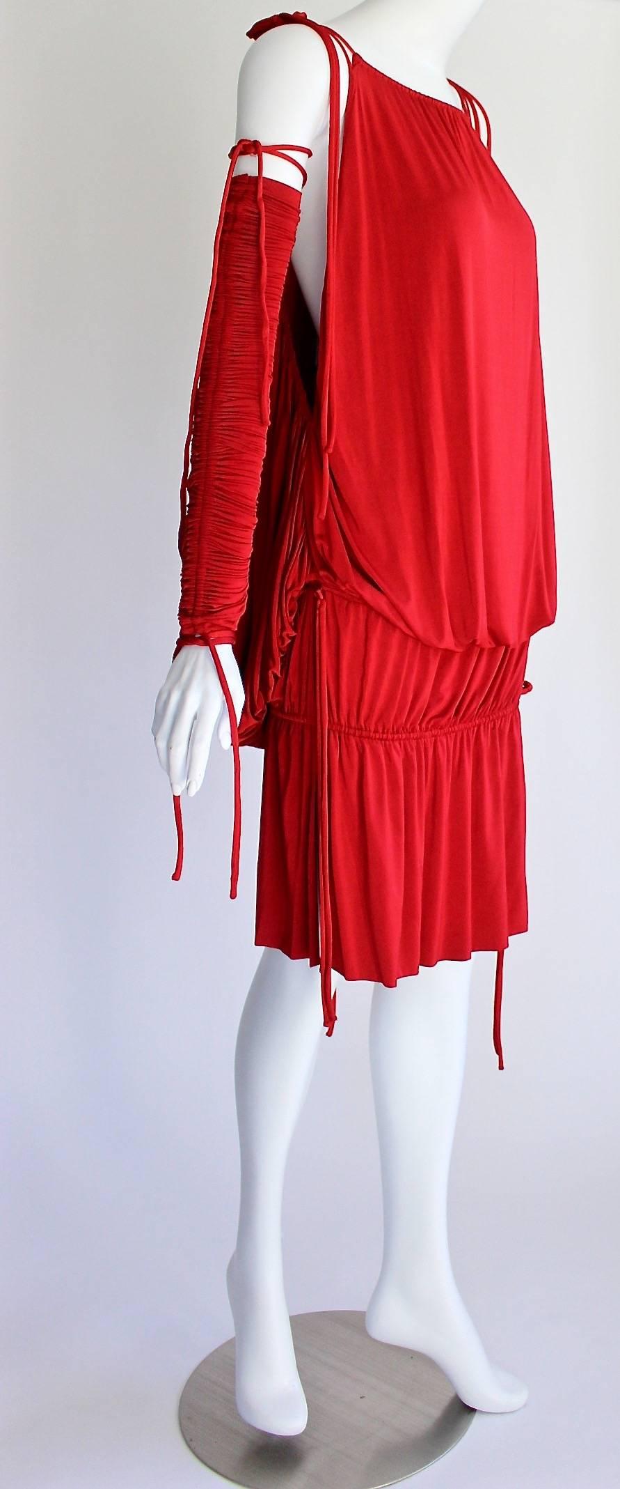  Dolce & Gabbana Runway Ad Campaign Red Mini Dress Ruched Arm Bands, 2003 For Sale 1
